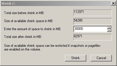 Windows Vista Shrink Volume Problems