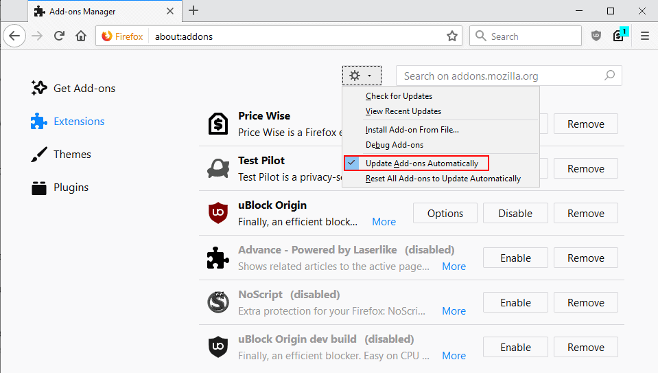 firefox disable add ons