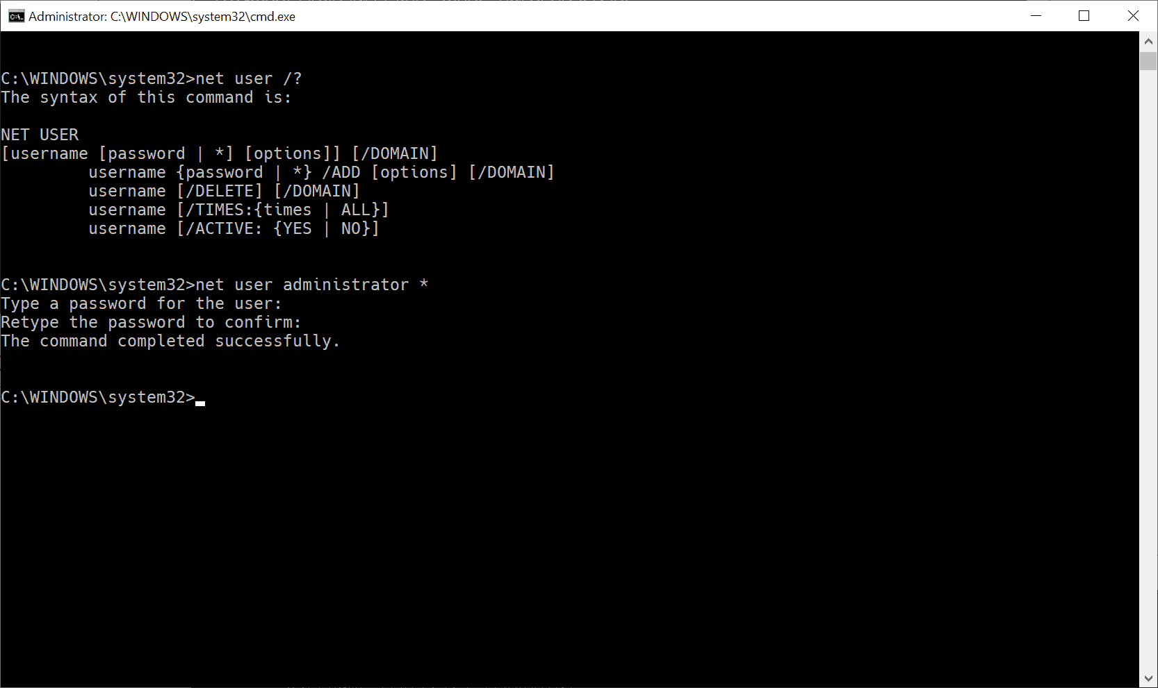 command line change windows microsoft account password