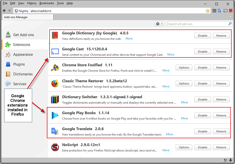 disable add ons chrome