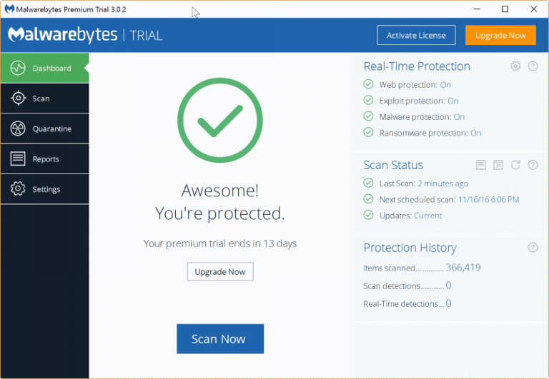 MalwarebytesPremium ships with a redesigned interface that displays