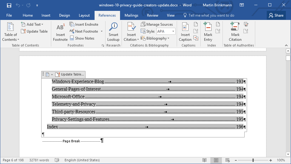 How To Add A Table Of Contents To A Word 2016 Document GHacks Tech News