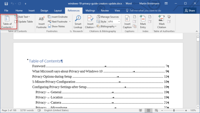 How to add a table of contents to a Word 2016 document - gHacks Tech News