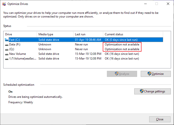 windows 10 defrag optimization not available