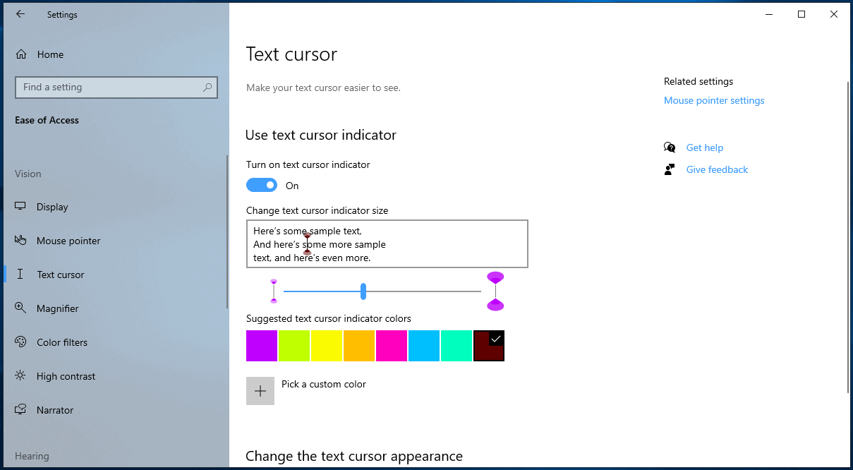 how to change color of text select cursor windows 10