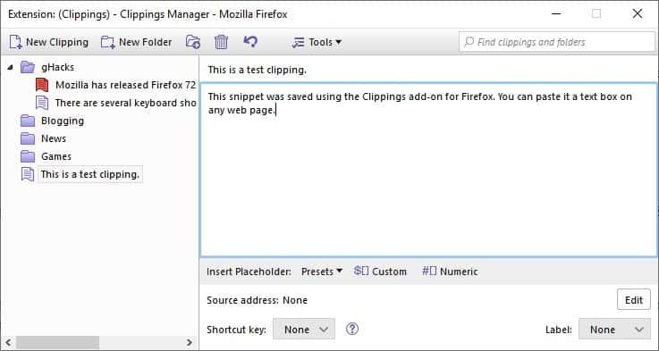 Save text snippets and paste them quickly with the Clippings extension for Firefox and Thunderbird