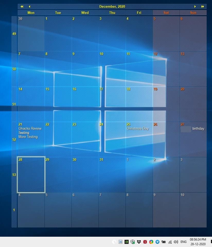 Interactive Calendar places a transparent calendar on your desktop
