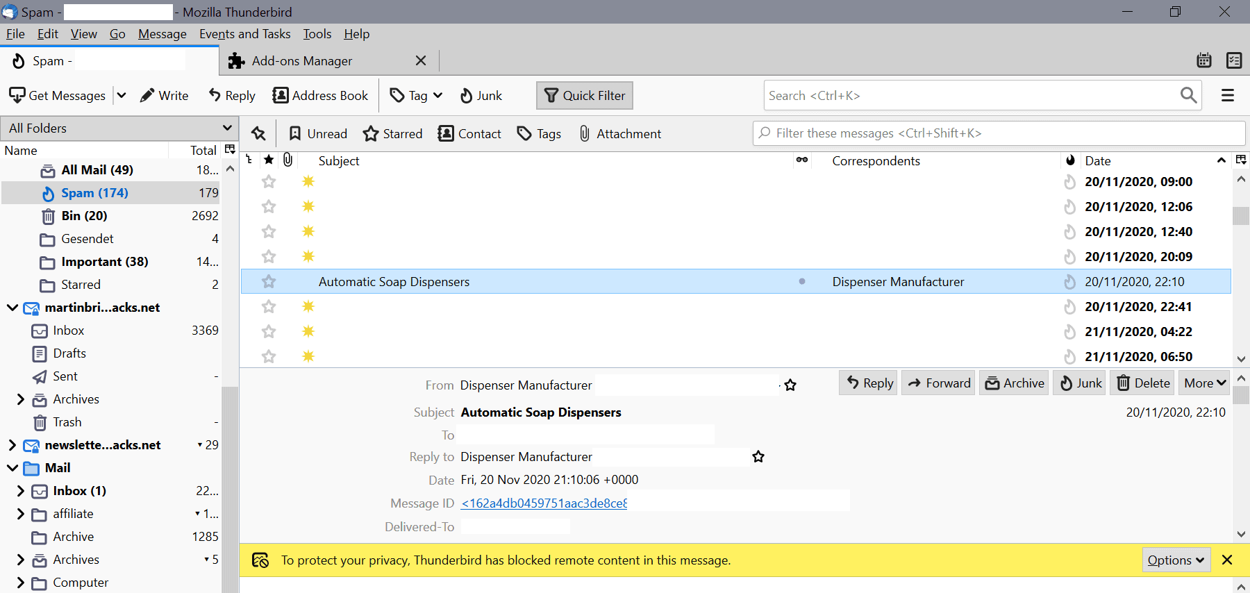 Thunderbird downloading message header analyzer