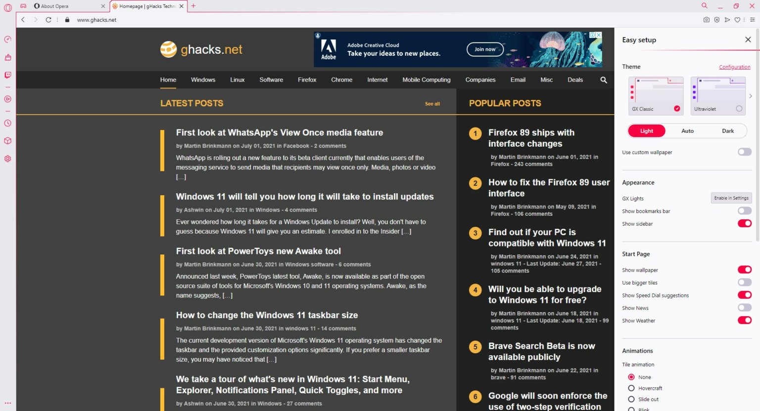 Opera GX update brings a Light mode for the interface - gHacks Tech News