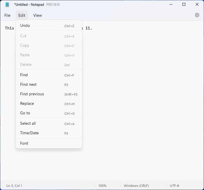 windows 11 new notepad edit menu