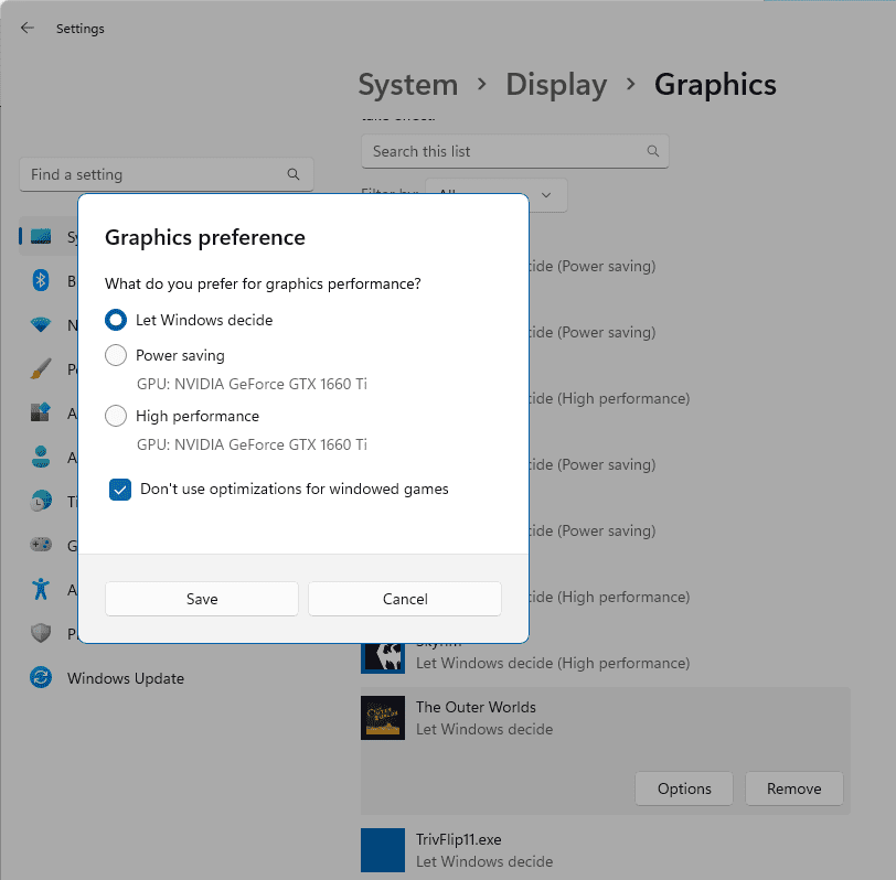 Windows 11 optimizations for windowed games settings