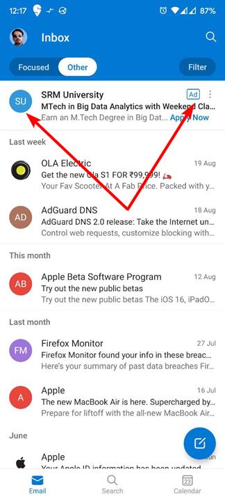 Ads In Microsoft Outlook App For Android And IOS Are Getting Worse 