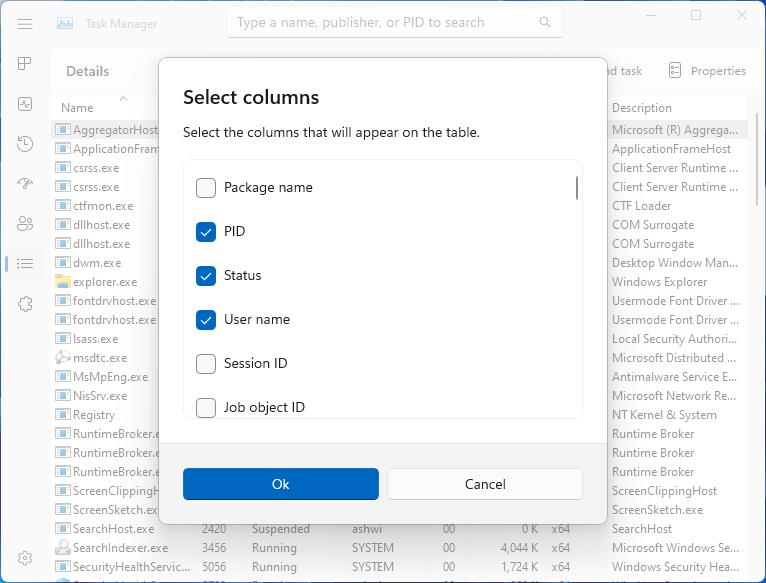 Windows 11 Beta Task Manager Select Columns