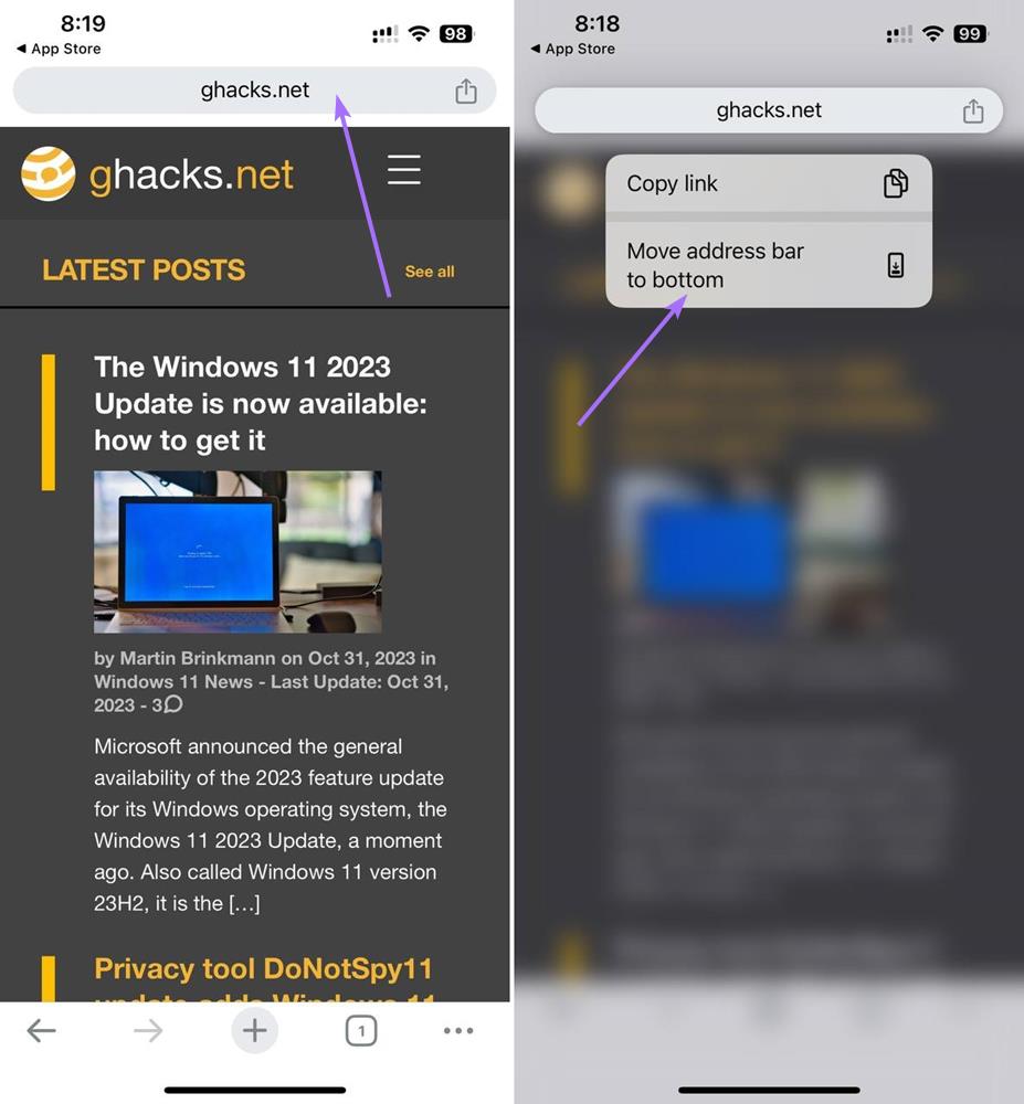 How to move the write bar to the marrow in Chrome for iOS