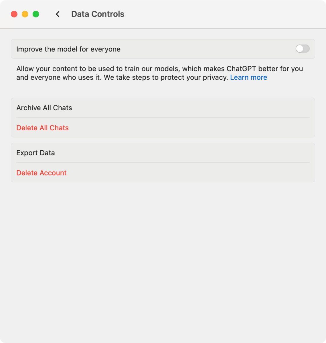 ChatGPT for Mac data controls settings telemetry
