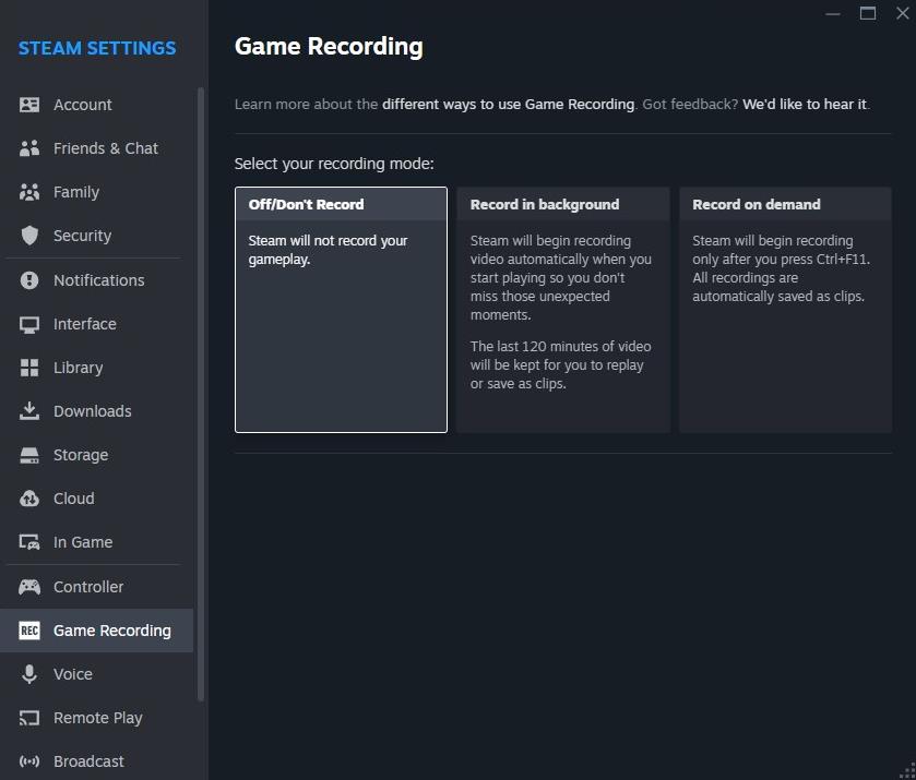 Steam Game Recording Beta options