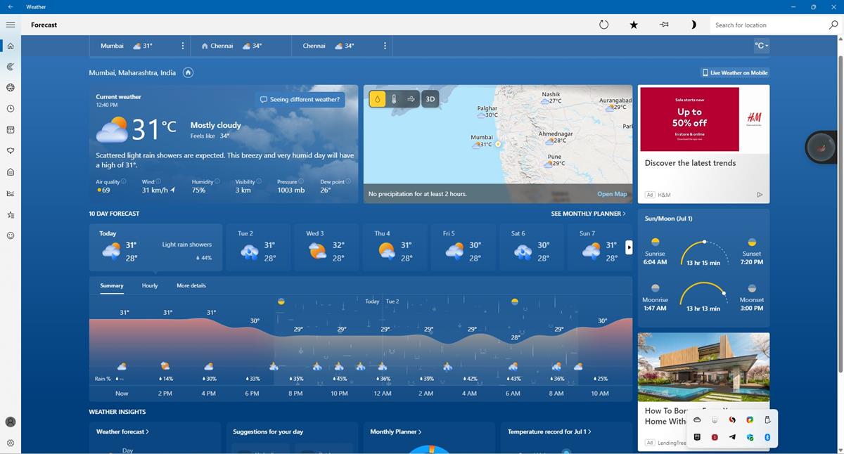 Microsoft Weather app displays ads on every page
