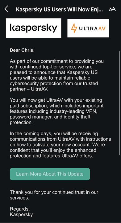 Kaspersky antivirus email notification about UltraAV