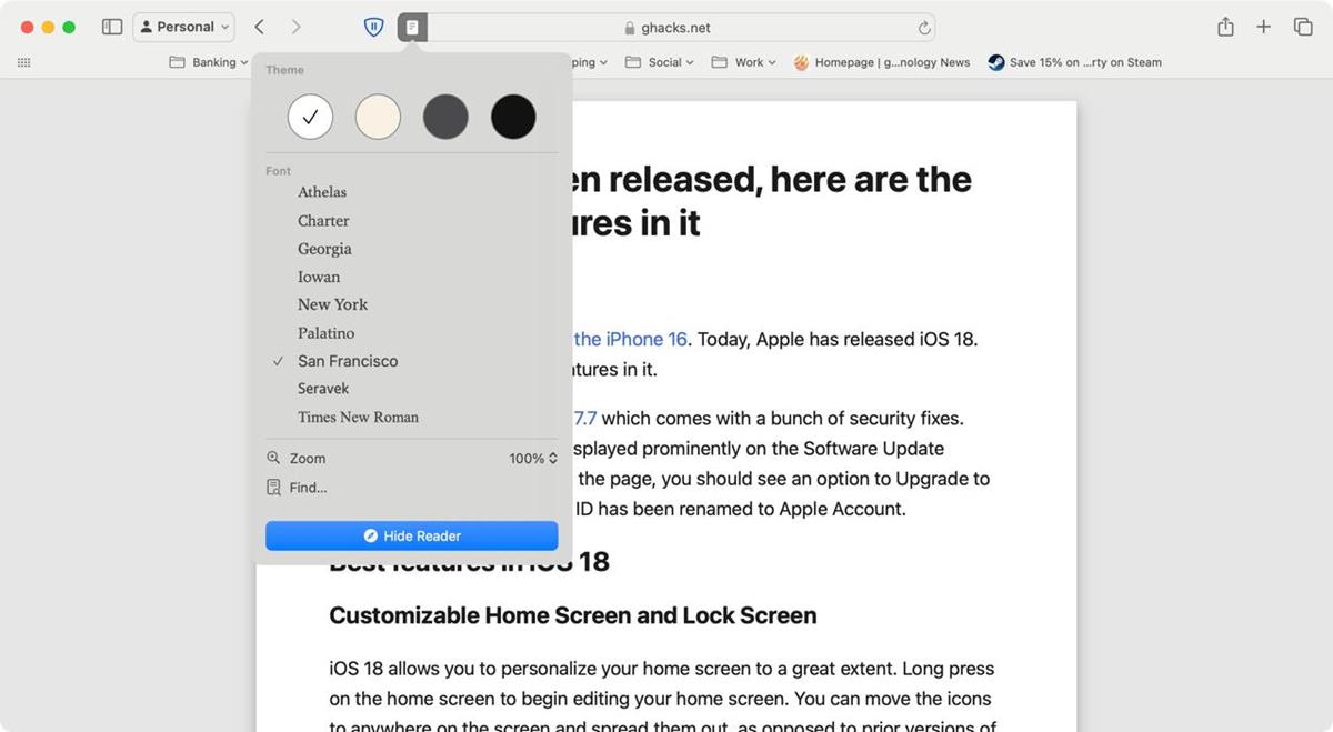 Reader options in Apple Safari in macOS 15 Sequoia