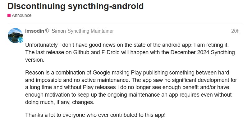 Why is Syncthing for Android being discontinued