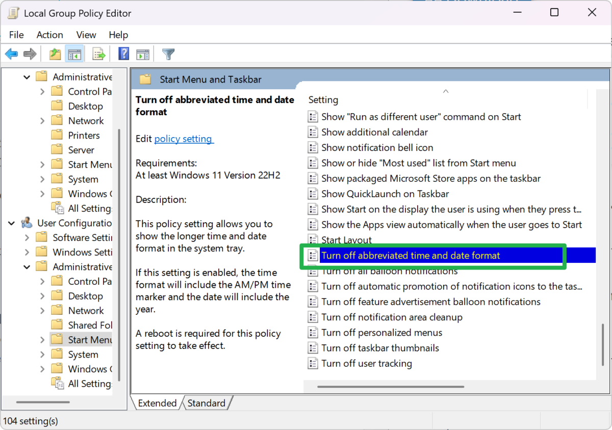 Group Policy Editor: turn off abbreviated date time Windows 11