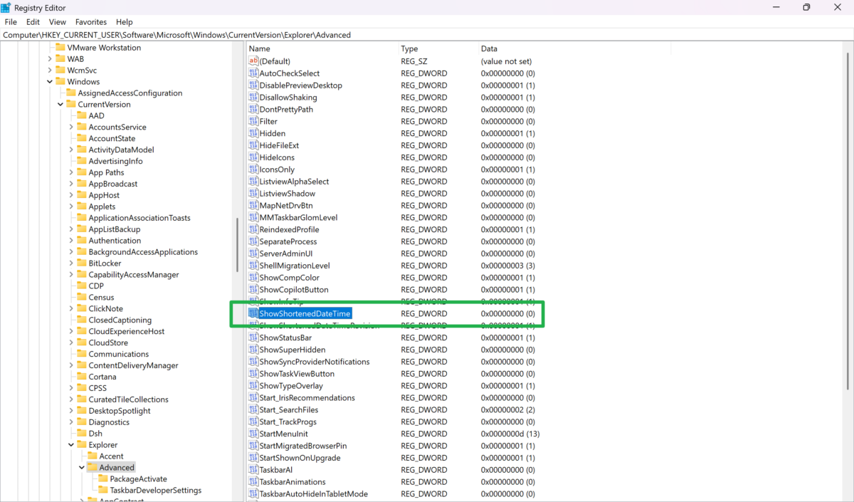 Registry Show full date and time Windows 11