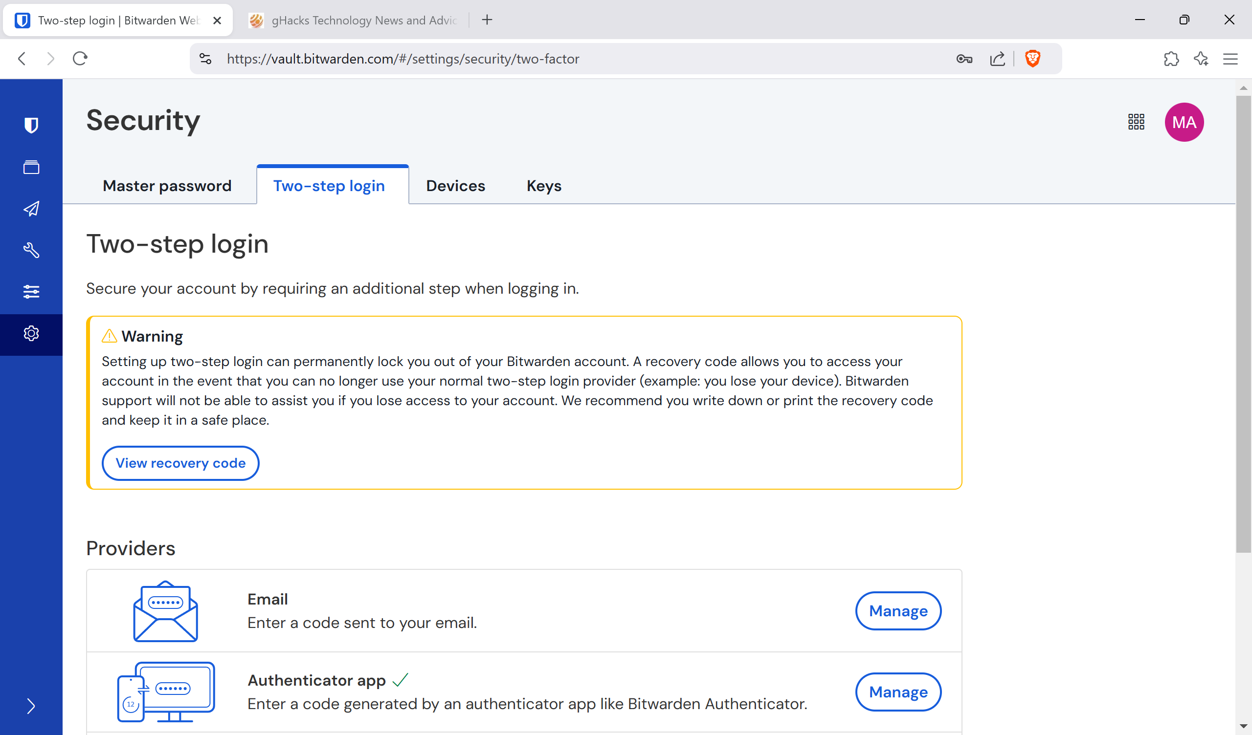 Bitwarden configure two step login