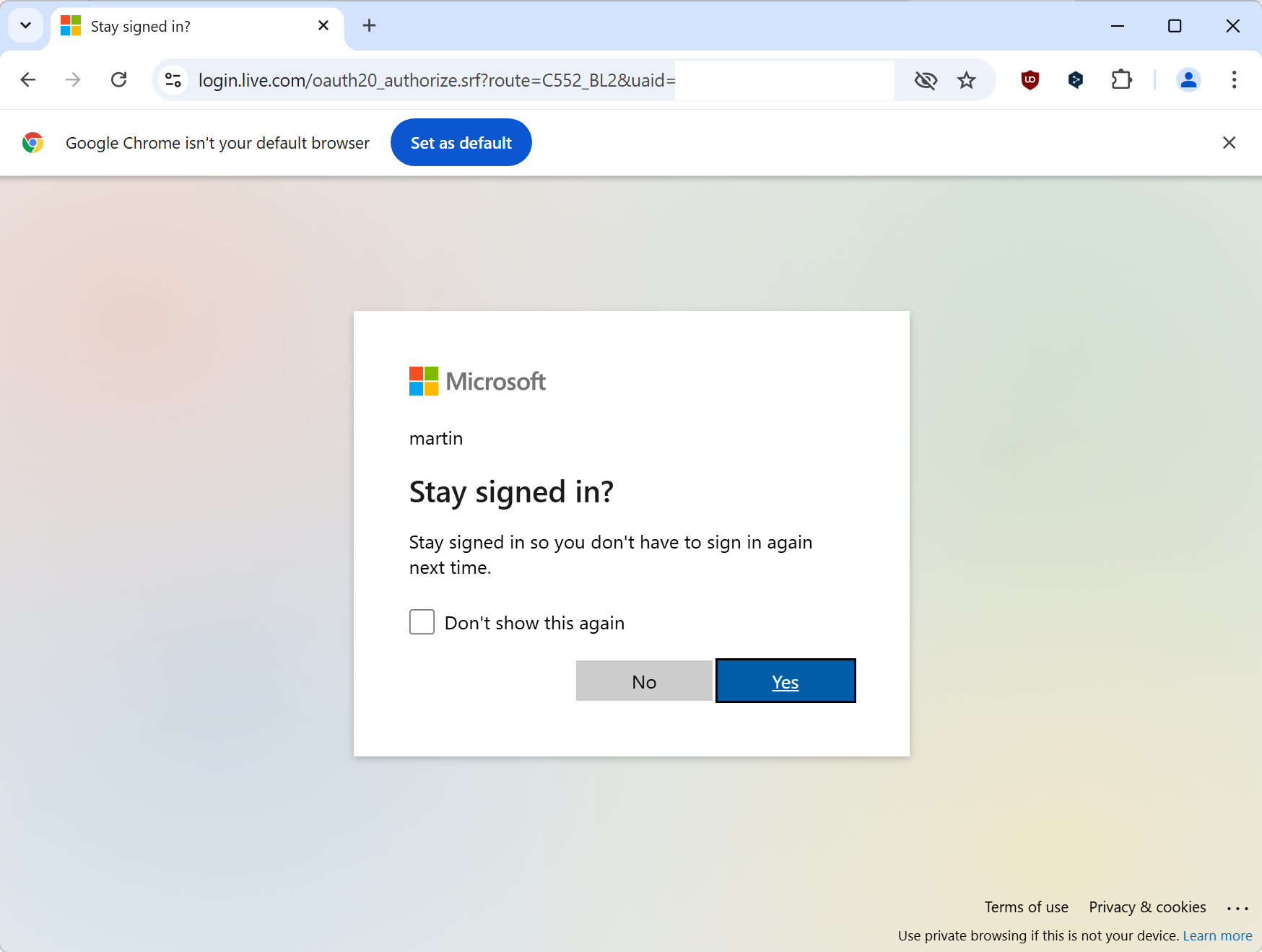 Microsoft Stay Signed In prompt