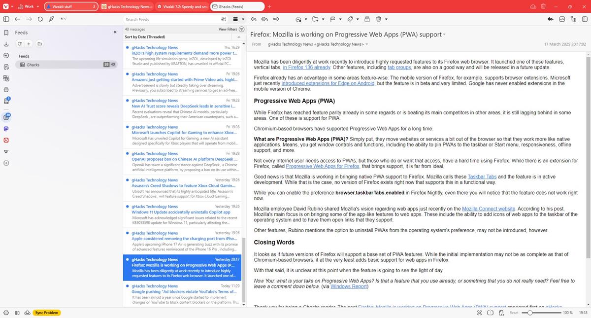 Set up RSS feed reader in Vivaldi without mail and calendar